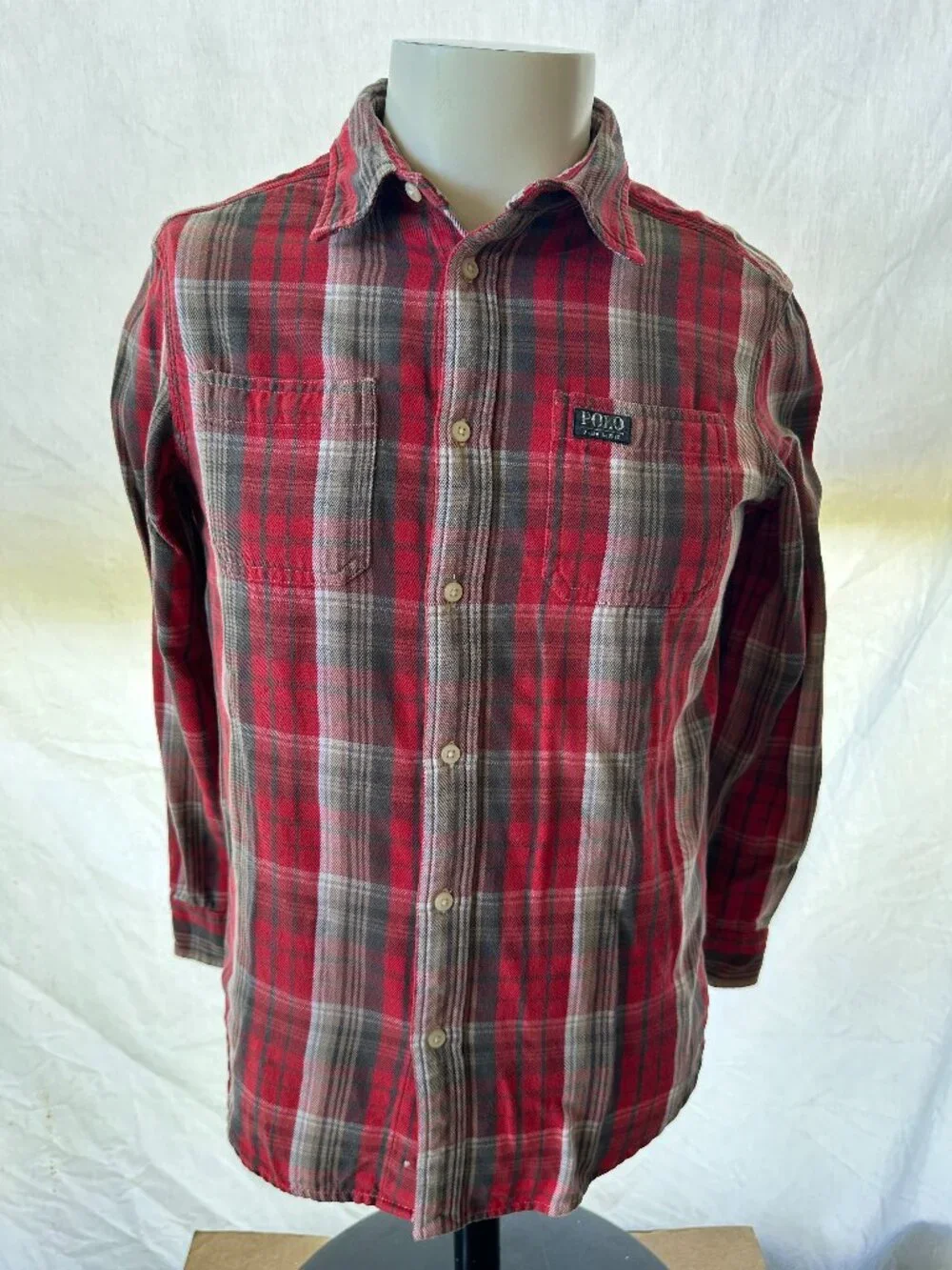 Polo Ralph Lauren Boy's Red Gray White Plaid LS Button Front Shirt L 14-16 Cotto